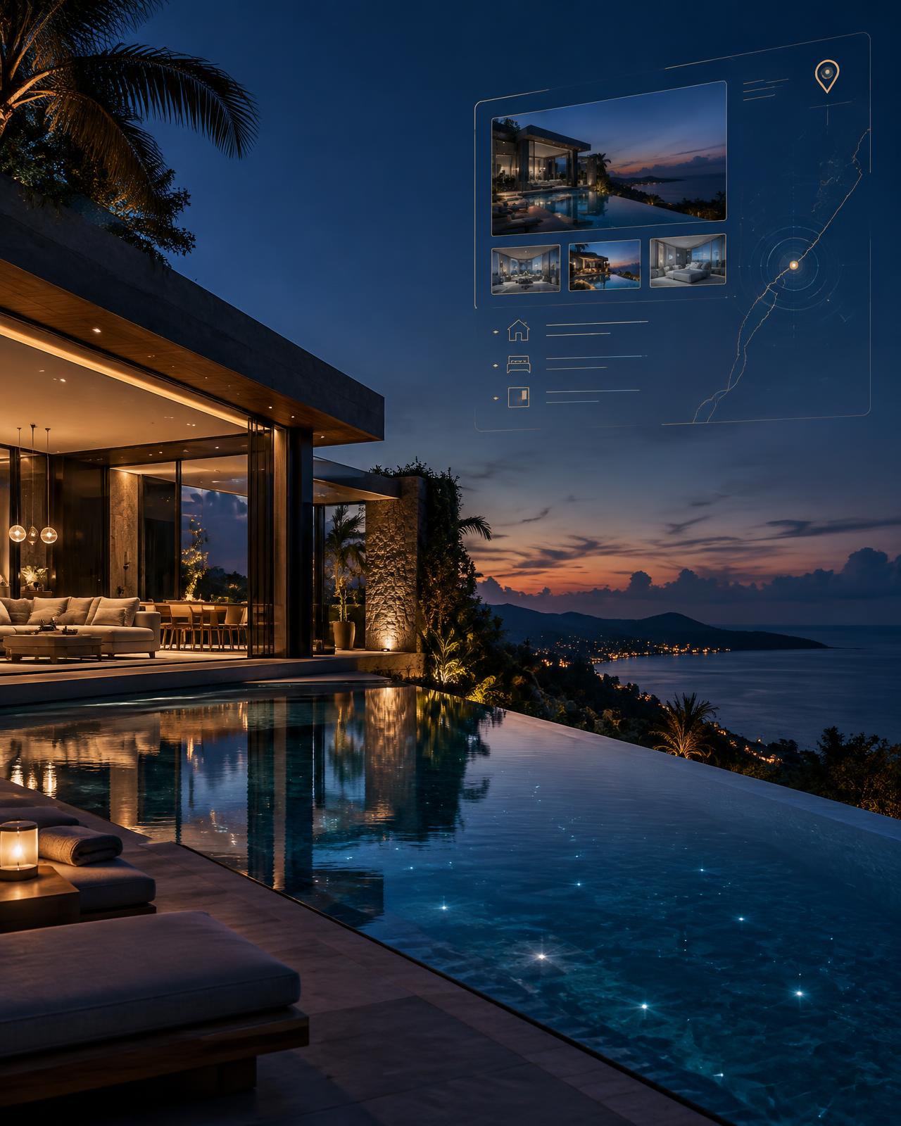 Villa at dusk with a restrained digital property layer