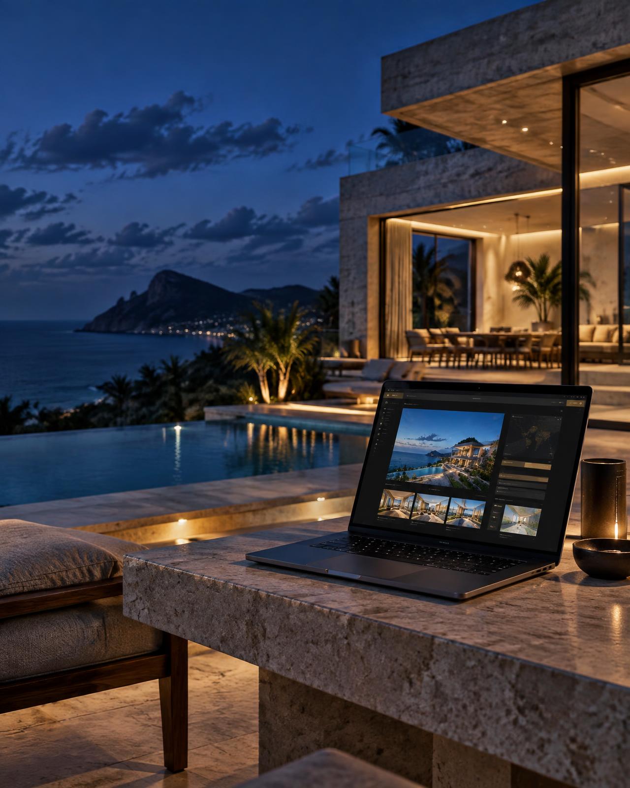 Modern residence at blue hour with a REMS interface on a laptop