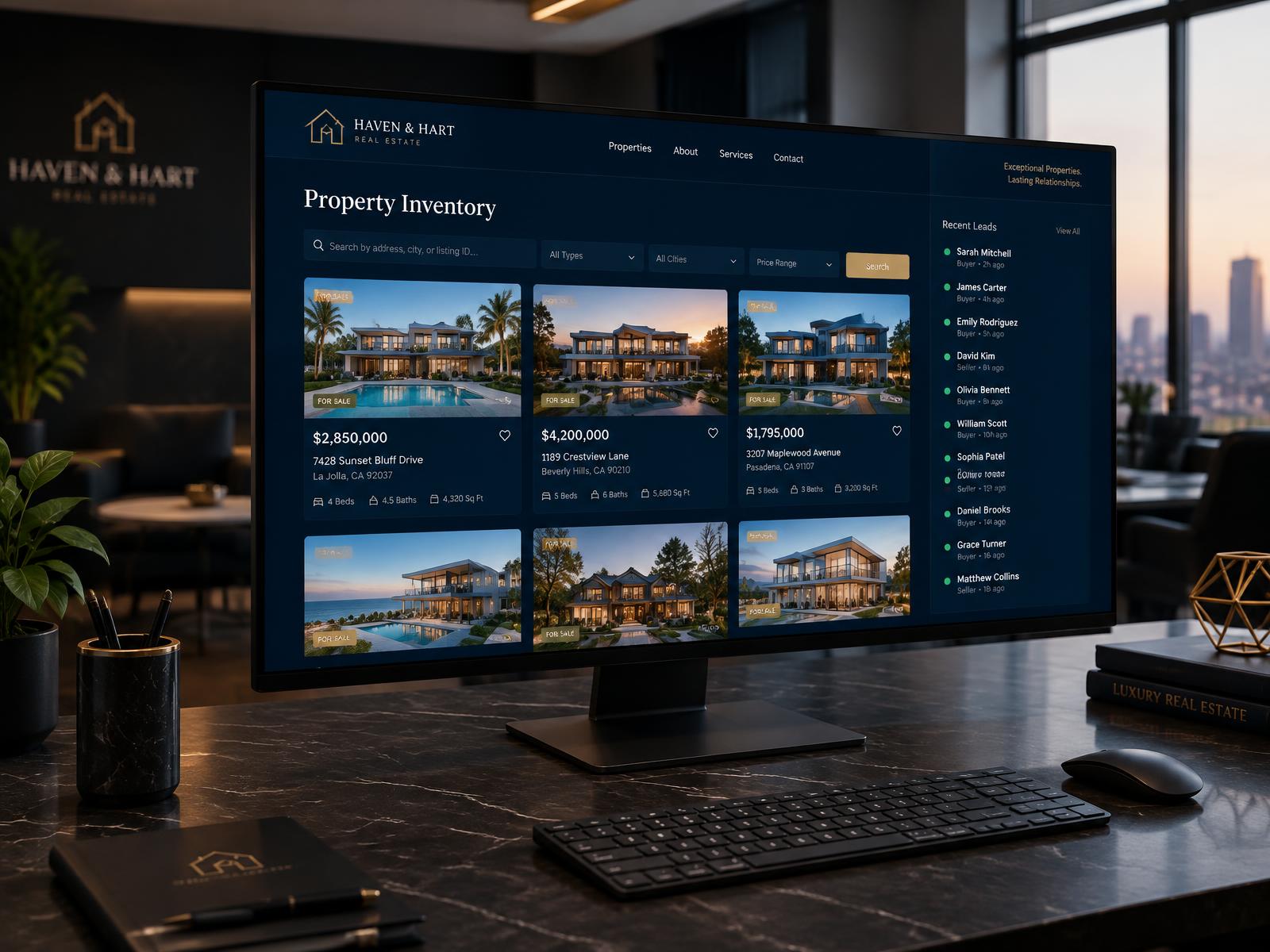 Agency property inventory website with a recent leads panel