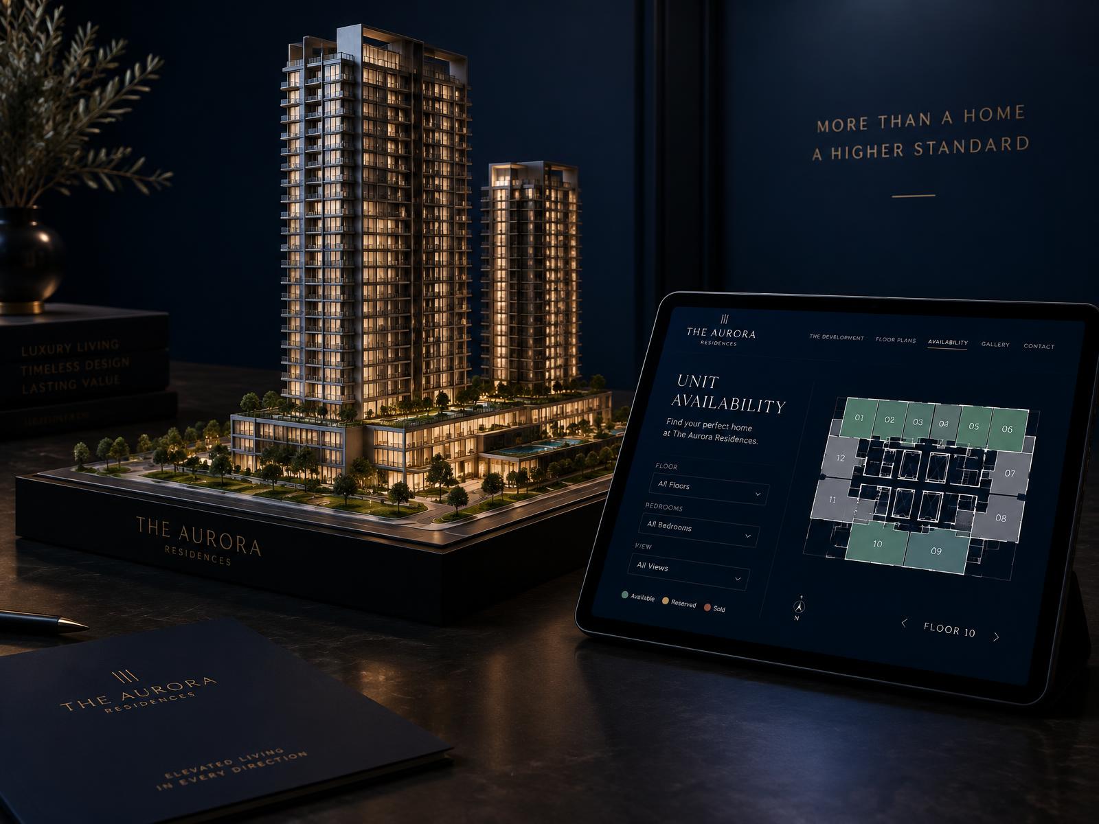 Architectural model of a tower next to its unit availability website