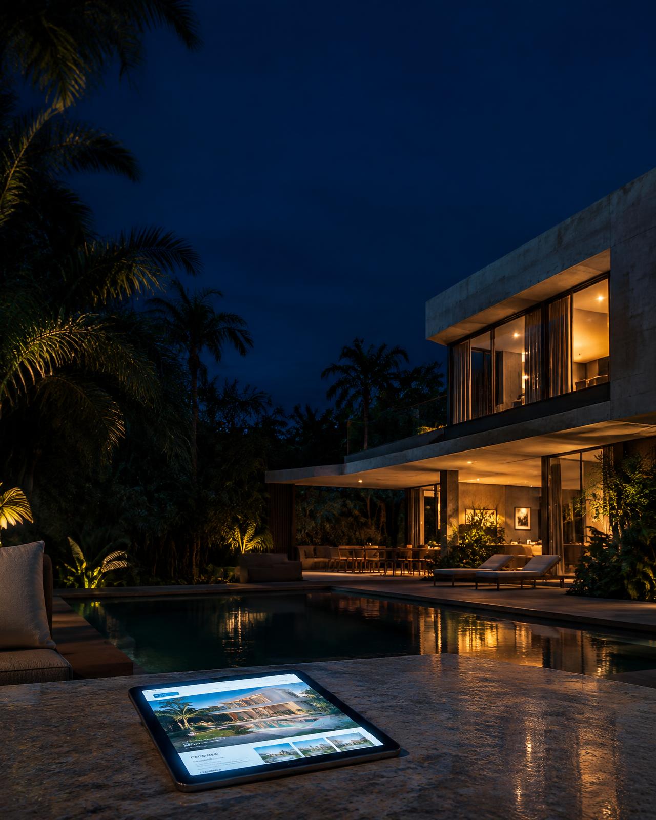 Modern residence at blue hour with a tablet showing a property listing