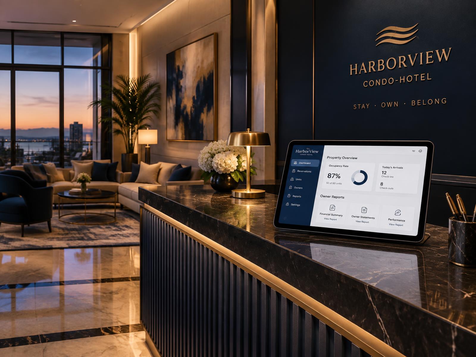 Condo-hotel lobby with an operations tablet on the reception desk