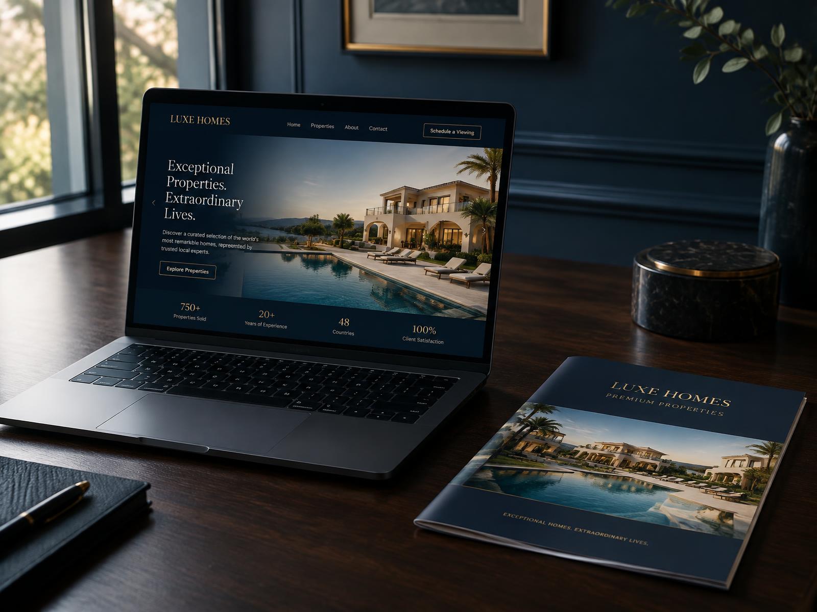 Realtor website on a laptop beside a premium property brochure