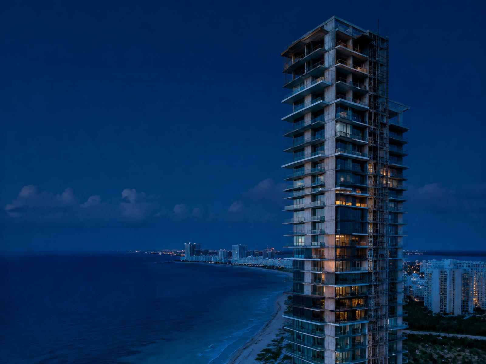 Residential tower on the Caribbean coast at blue hour