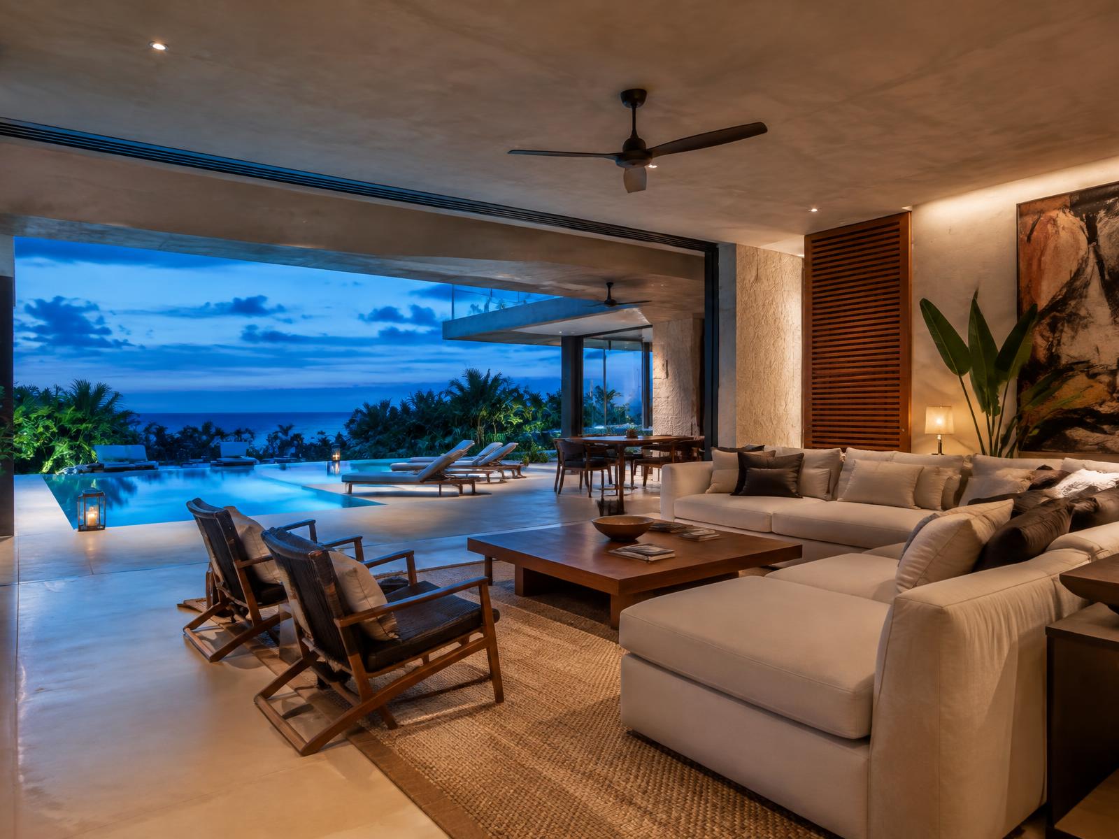 Villa interior at dusk